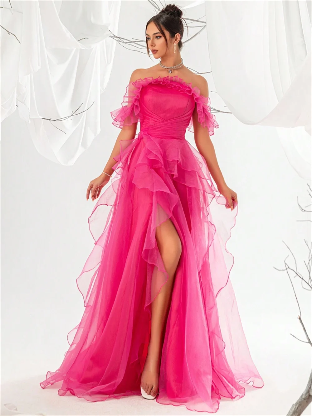 Jessica-Robe de Soirée Rose en Organza, Tenue de Bal, Fait à la Main, Bords Bouclés, Épaules Dénudées, Fente Latérale, Corset, ixde Mariage