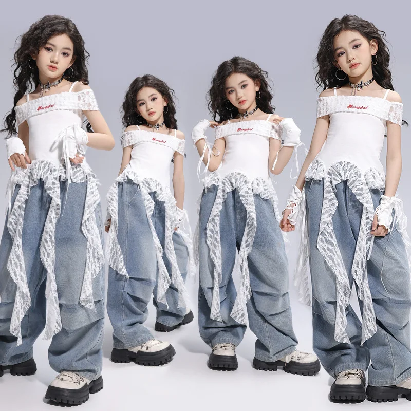 

2025 Children Hip Hop Dance Costumes For Girls White Vest Loose Pants Streetwear Kids Modern Jazz Performance Clothes DQS19200