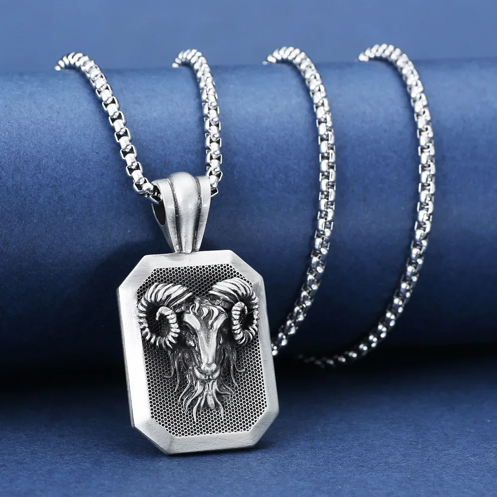 Aries Ram Head Pure Tin Pendant Necklace Stainless Steel Chain for Men Retro Jewelry