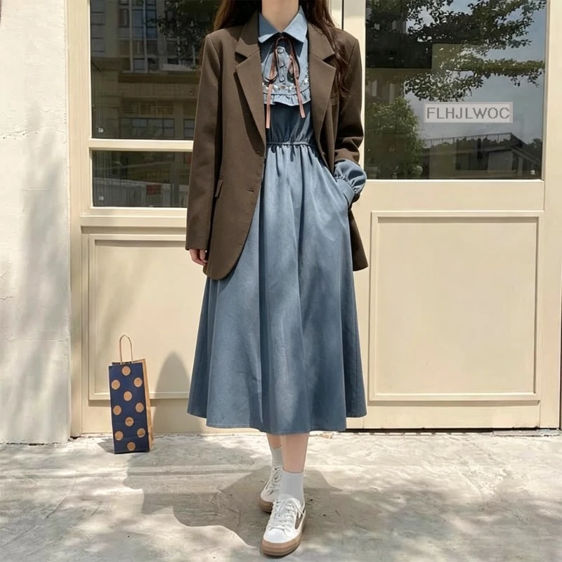 Art Mori Girls Long Dress Autumn Winter Basic Wear Retro Vintage Japan Style Doll Neck Cute Sweet Ribbon Bow Tie Corduroy Dress