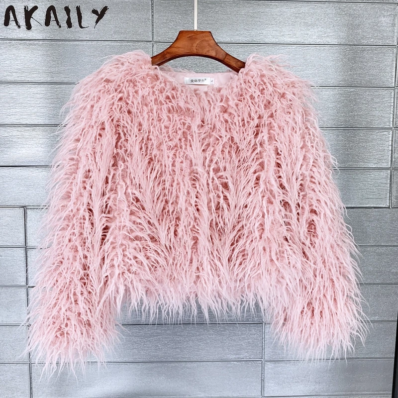 Akaily Colorful Warm Faux Women Fur Coat Loose Black White Pink Plush Coat 2024 Female Jacket Fur Autumn Winter Shaggy Outerwear