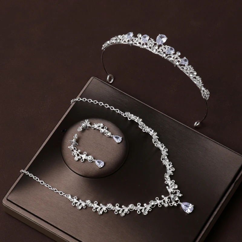 Itacazzo Bridal Headwear Full Of Brief Style Fashion Dazzling Silver-color Ladies' Crown Necklace Earrings 4 Pcs Set For Wedding