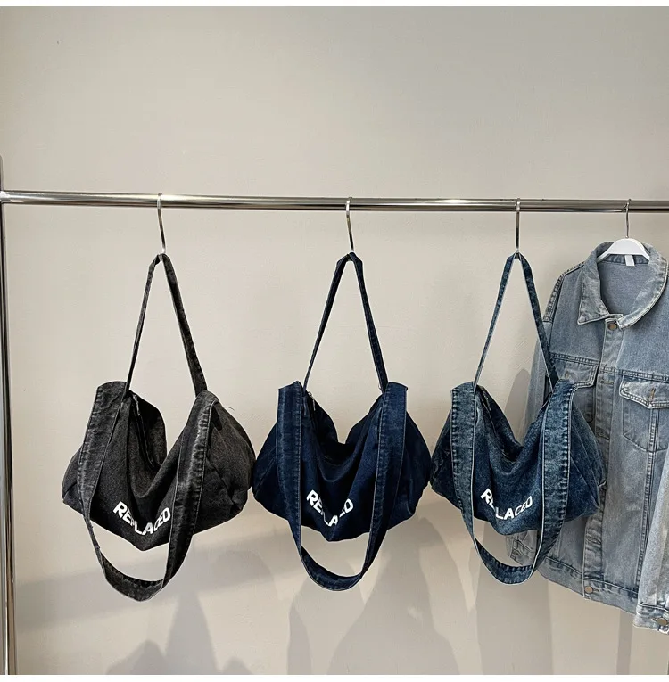 

Wear-resistant denim casual large capacity crossbody bag with shoulder strap, lightweight and retro tote bag