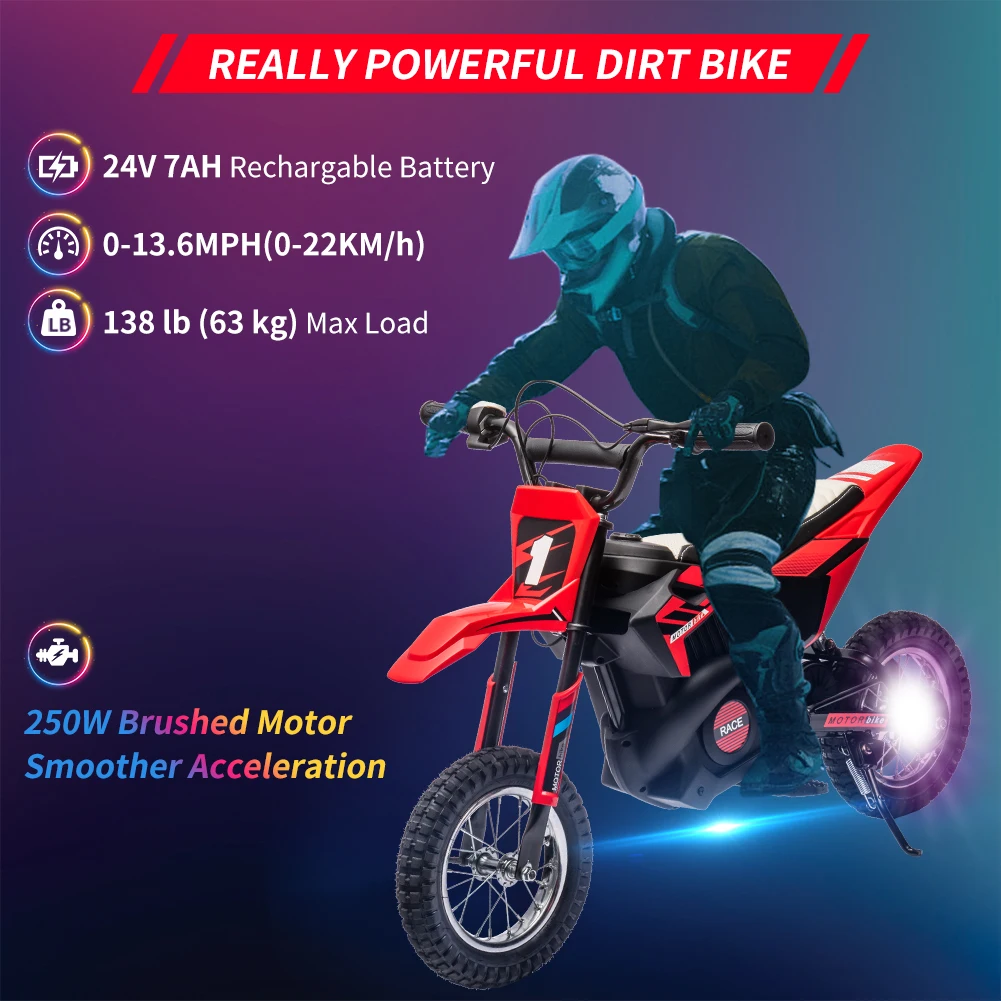 Moto pour enfants 24V 7Ah, Motocross tout-terrain électrique à vitesse rapide de 13,6 MPH alimenté par batterie avec moteur fort de 250 W, frein à disque