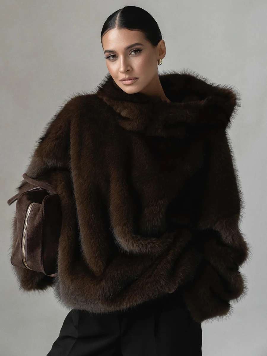 LIMO Faux Fur Hooded Pullover Women Oversized Fluffy Plush Cropped Top Warm Loose Fuzzy Fur Sweater