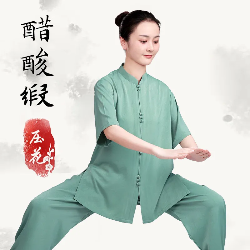 Martial Arts Tai Ji Suit Female 2026 New High-End Eight-Section Brocade Exercise Clothing Summer Acetate Satin Short Sleeve