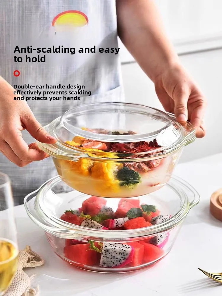

Heat Resistant Glass Bowl with Lid Large Size Microwave Se Double Ear Salad Bowl Egg Steng Bowl Transparent Soup Basin