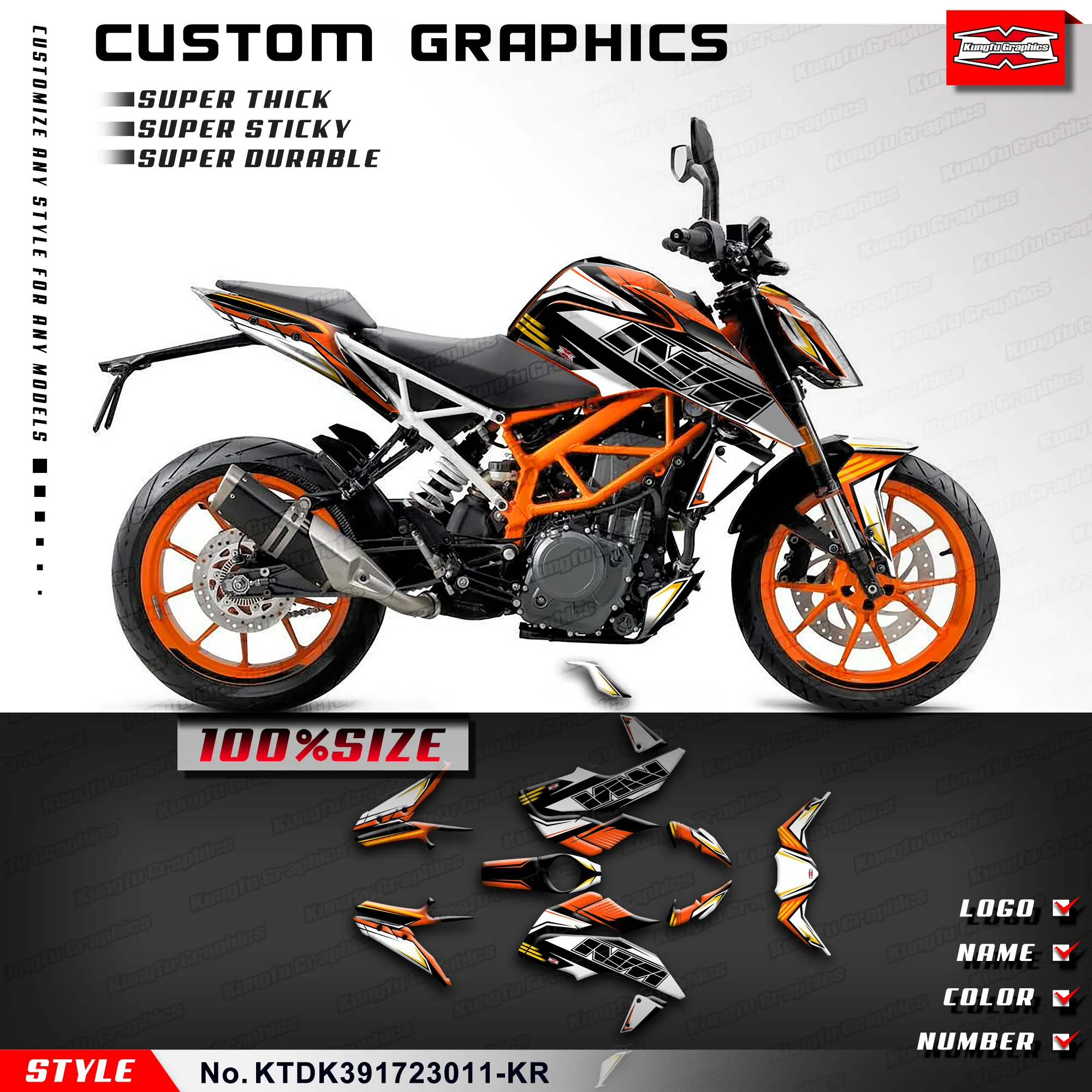 

KUNGFU GRAPHICS Custom Sticker Full Decal Kit for Duke 125 200 250 390 2017 2018 2019 2020 2021 2022 2023, KTDK391723011-KR