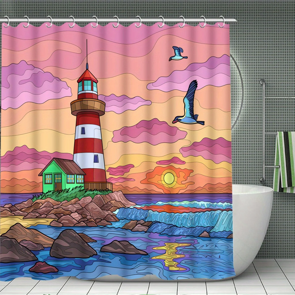 Lighthouse 4pcs Bathroom Set, High Quality Shower Curtain, Absorbent Bathroom Floor Carpet, Non-slip U-Shaped Contour Rug
