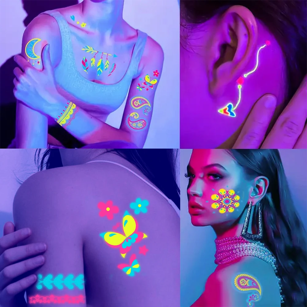 12/24 stücke Leuchtende Temporäre Tattoos Aufkleber UV Neon Fluoreszierende Glow in the Dark Für Körper Gesicht Tattoo Aufkleber Party zubehör – Detail 10