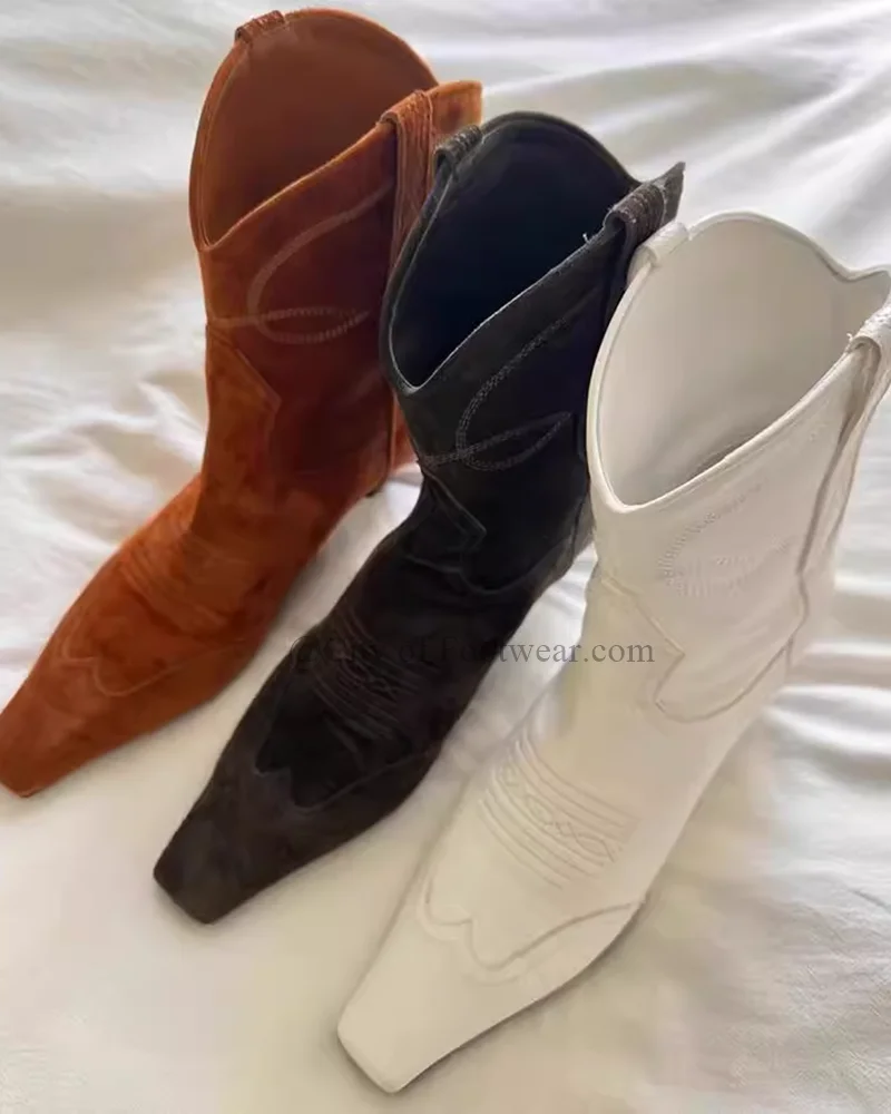 Women Western Brown Low Heel Cowboy Boots White Square Toe 2024 Luxury Designer Pull on Boot Vintage Kitten Heel Shoes