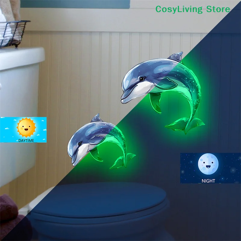 Selbstklebender PVC-Toilettenaufkleber, im Dunkeln leuchtender Delphin, wasserdicht, Heimdekoration, Aufkleber für Kinderzimmer, Schlafzimmer, Badezimmer