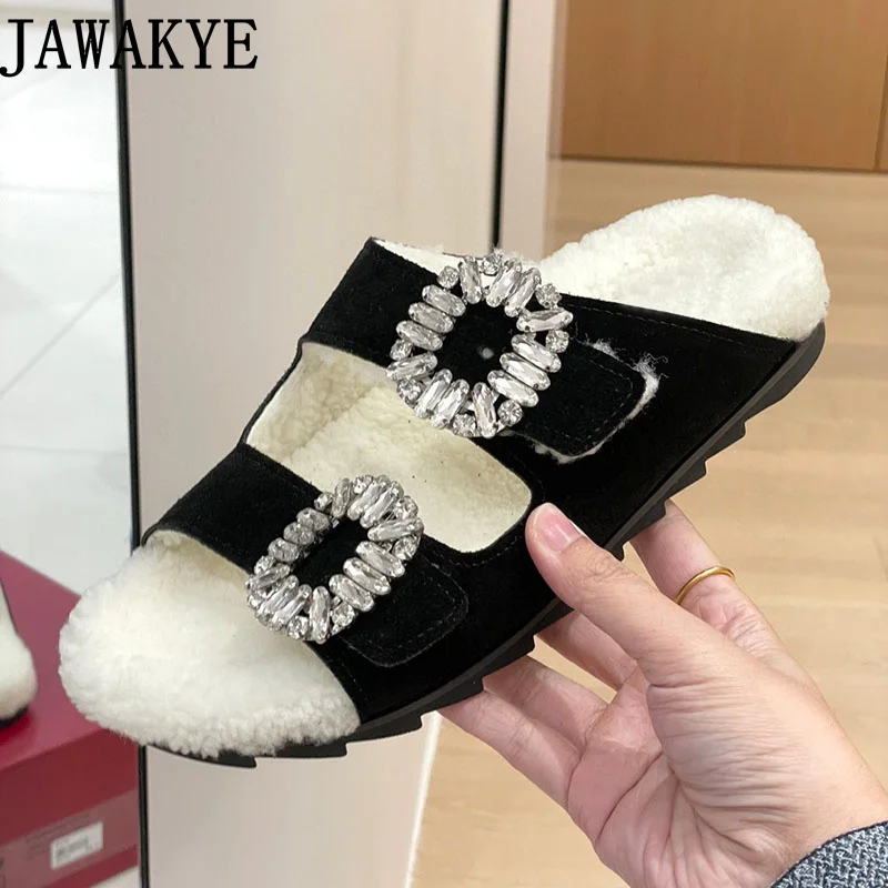 

Autumn New Wool Fur Slippers Women Open Toe Thick Sole Crystal Metal Buckle Furry Shoes Casual Party Beach Walking Mules Slipper