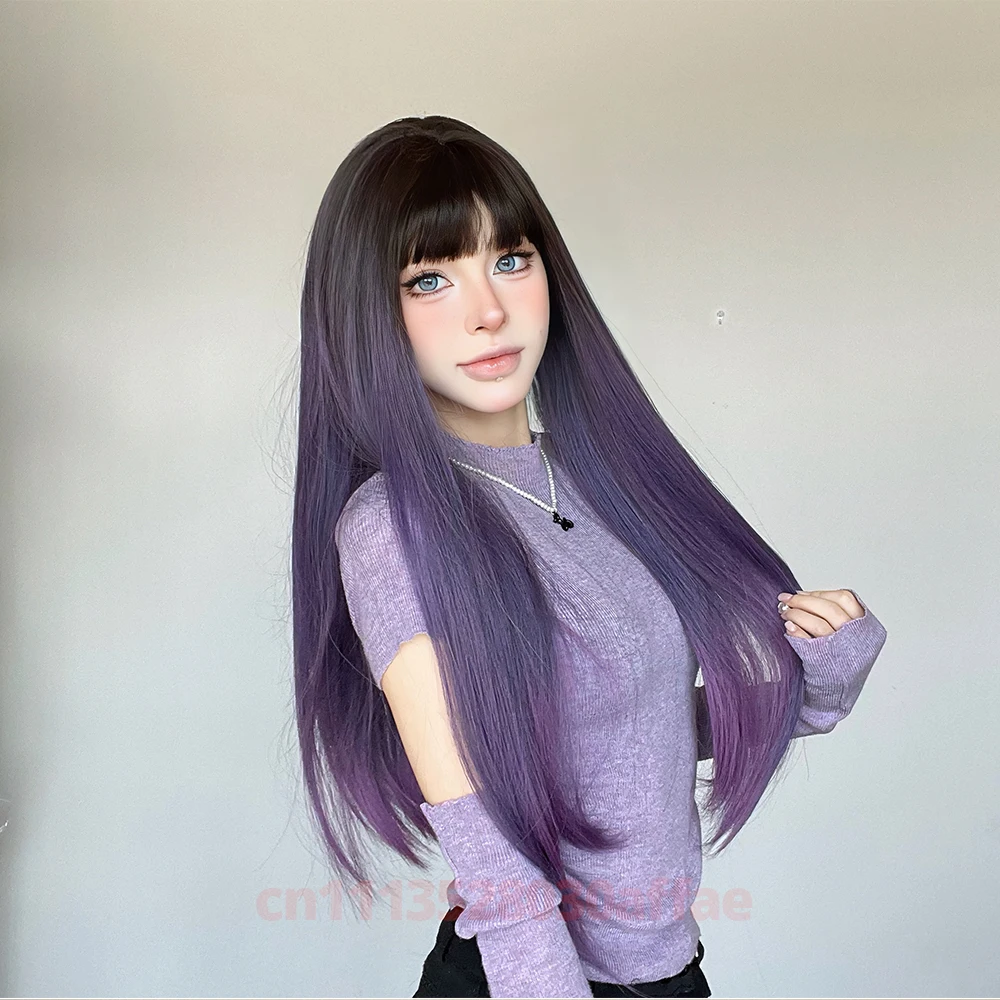 Bluish Purple long Straight Hair Synthetic Wigs With Bangs For Women Daily Use Cosplay Lolita Wigs Natural Heat Resistant
