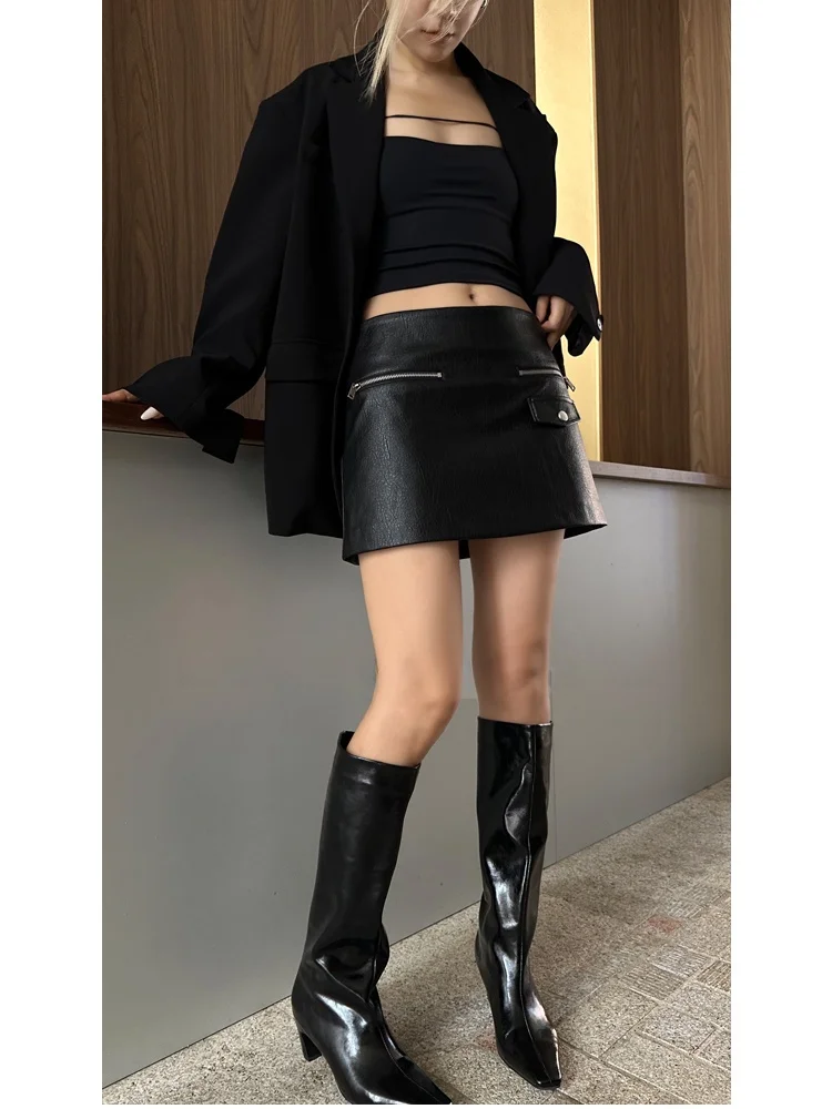 Bla Falda acampanada con cremallera para mujer, falda ortopé de cuero PU adelgazante, informal, a la moda, con soporte, otoño 2025