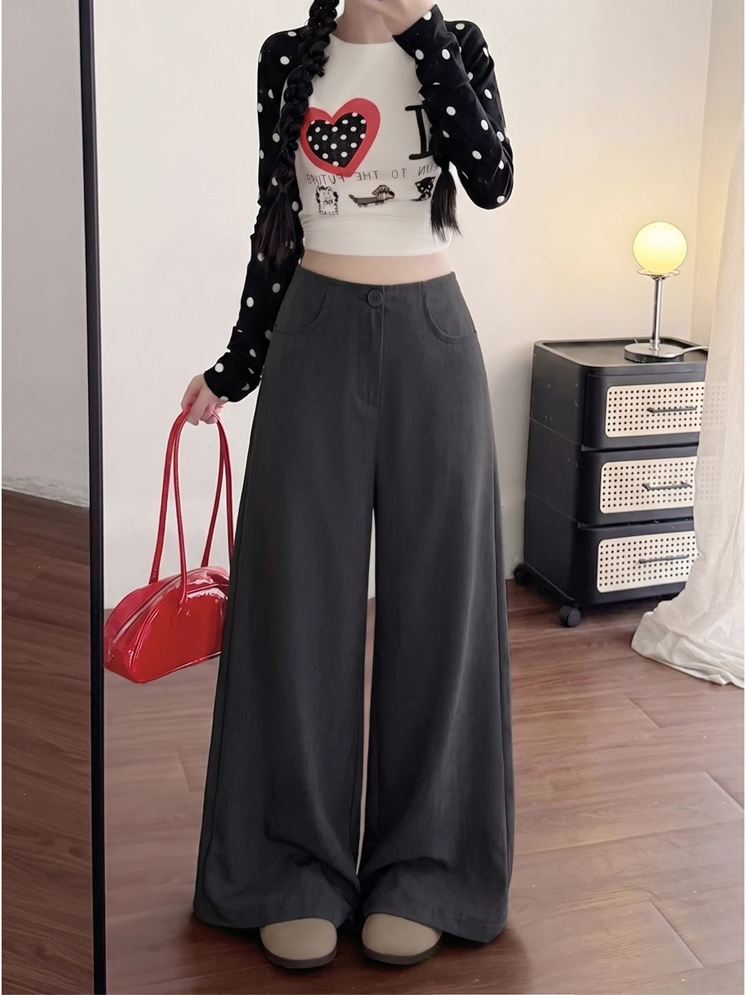 High Waist Wide Leg Pants Slimming Loose Fit Trousers for Short Women Autumn Pure Color Casual Style Polyester Fabric