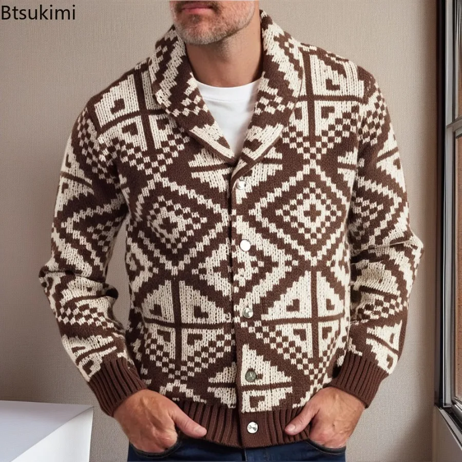 

New Autumn Winter Men's Vintage Jacquard Knitted Sweater Coats Single Breasted Leisure Warm Knit Cardigans Men Clothing Sweaters