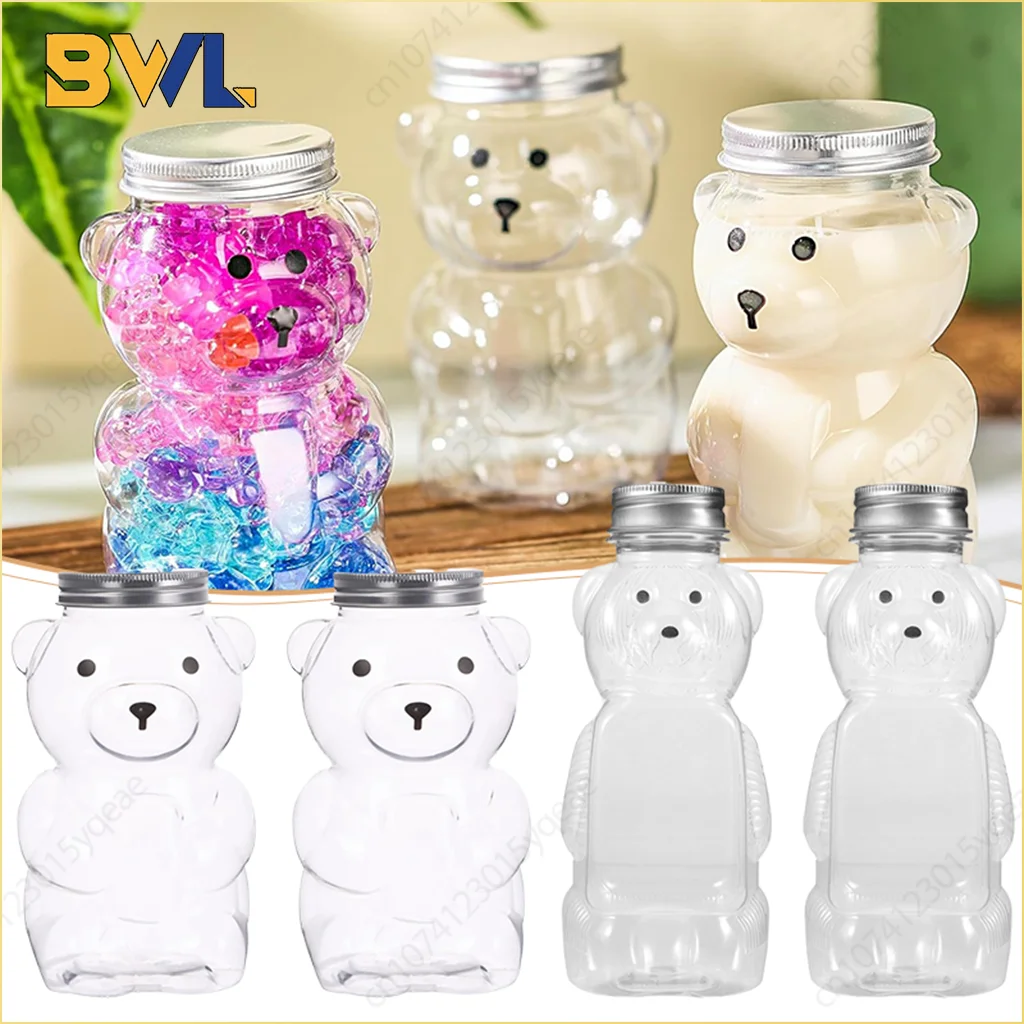 500 مللي زجاجات شفافة محمولة على شكل دب كرتوني، حاويات مشروبات لطيفة قابلة لإعادة الاستخدام لعصير شاي الفقاعات ومستلزمات الحفلات