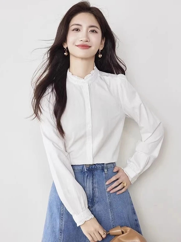 

Casual Cotton Long Sve White irt Women's Spring Faion Pure Cotton Versatile Casual Office Commute Stand Collar Top