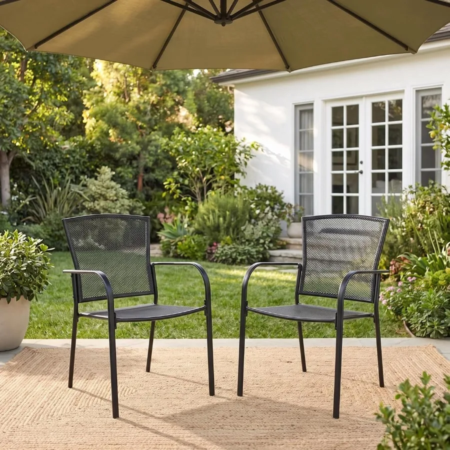 Stackable Metal Mesh Patio Dining Chairs Set of 2, Iron Outdoor Backyard Garden Porch Chairs with Breathable Backrest & Rust-Resistant Coating