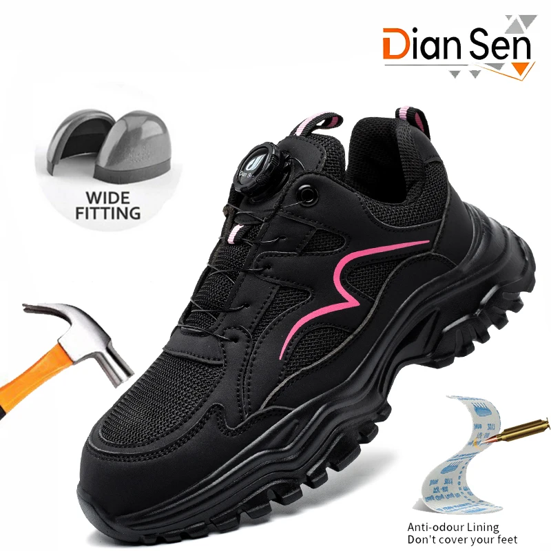 

Womens Lightweight Breathable Sneakers Steel Toe Work Boots Indestructible Anti-smash Safety Boots Rotary Button Boots