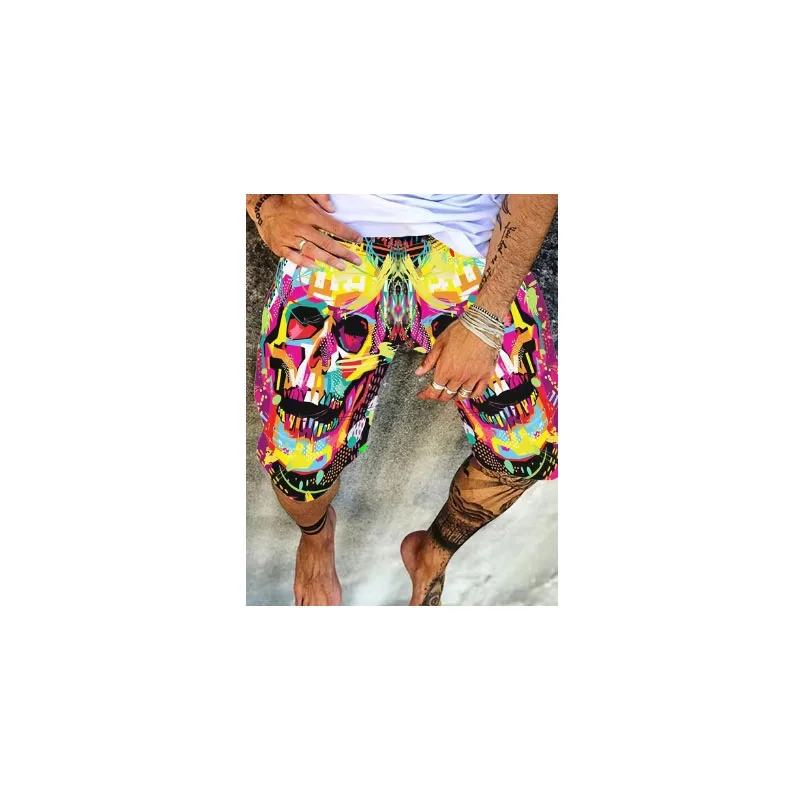 Short de plage hawaïen pour homme, imprimé tête de mort 3D, cool, exercice de gym, polyester, vacances, respirant, planche de surf, été