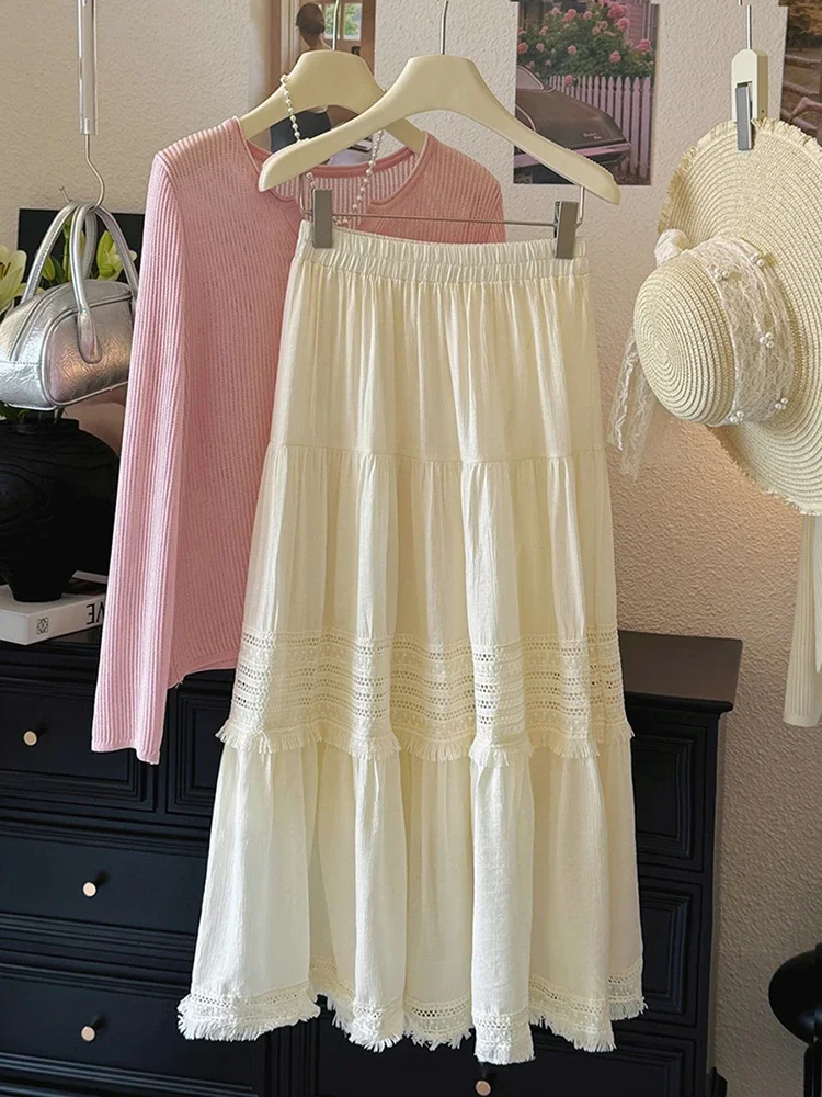 

2025 Summer New Women Fashion Patchwork Skirts Casual Versatile Cake Skirt Korean Style Sweet High Waist A-line Long Skirt