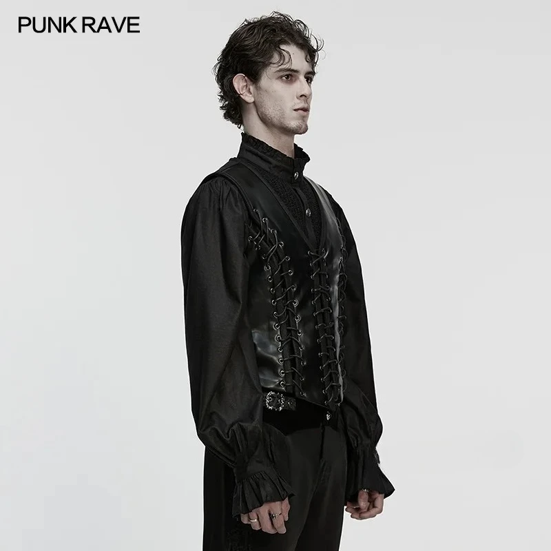 PUNK RAVE Men's Gothic Gentleman's Luxurious Vest Eco-friendly Faux Leather Metal  Eyelet Drawstrings Tops Men Clothing