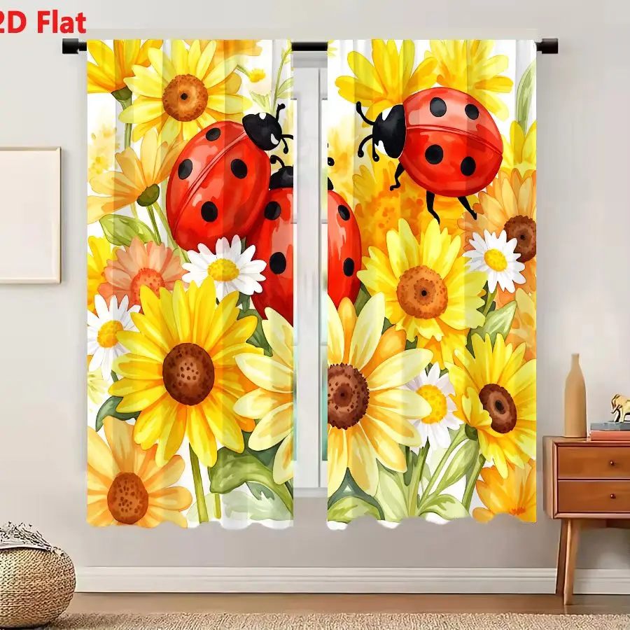 2Pcs Curtains 2D Flat Colorful Illustration Of Three Red Ladybugs With Black Spots Among Bright Yellow Orange Flowers Sunflowers