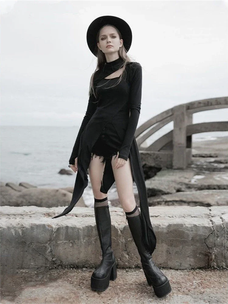 2024 New Black Irregular Dress Gothic Waist Closing Slim Style Dark Hollow Out Careful Machine Retro Dress Robe Woman Dresses