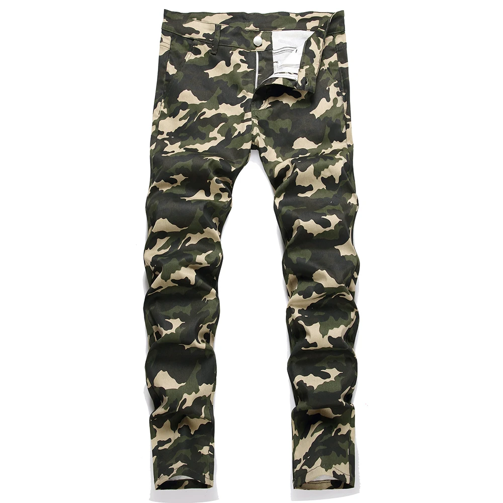 Men's Camo Pattern Jeans Jungle Camouflage Print Denim Pants Streetwear Slim Straight Trousers