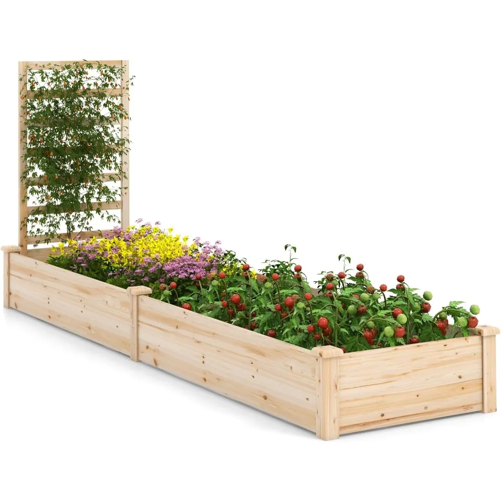 

HAPPYGRILL Raised Garden Bed with Trellis, Wooden Garden Box with Divided Space for Vegetables, Flowers, Fruits, Climbing Plants
