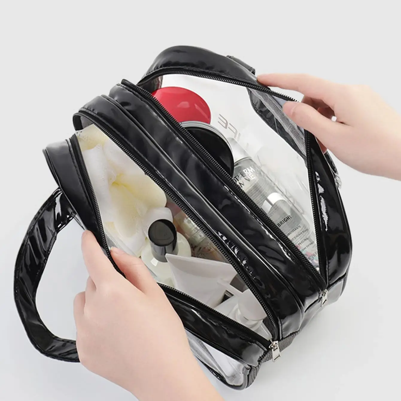 Double Layer Dry Wet Separation Makeup Bag With Large Capacity Waterproof Handheld Transparent Wash And Makeup Bag