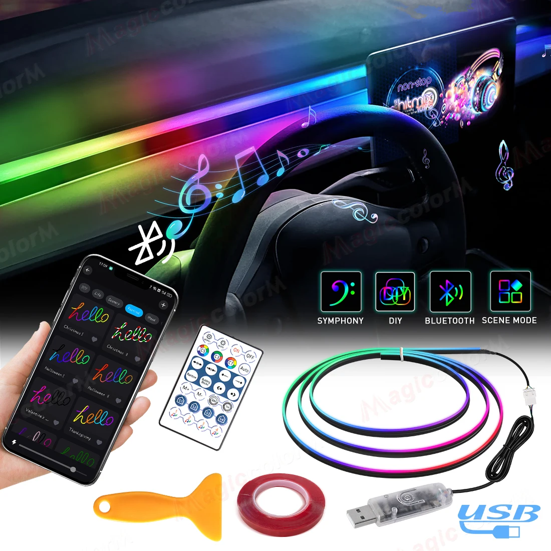 Universal RGB Car Ambient Lights 64 Colors LED Strip 110cm