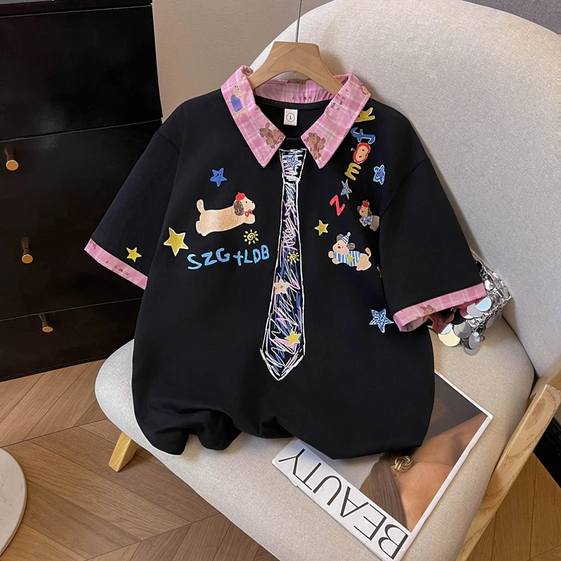 2025 صيف جديد متعدد الاستخدامات نمط Preppy المتخصصة الكرتون الكتابة على الجدران المتخصصة اقتصاص التلبيب فضفاضة قصيرة الأكمام شيك Ins تي شيرت #1