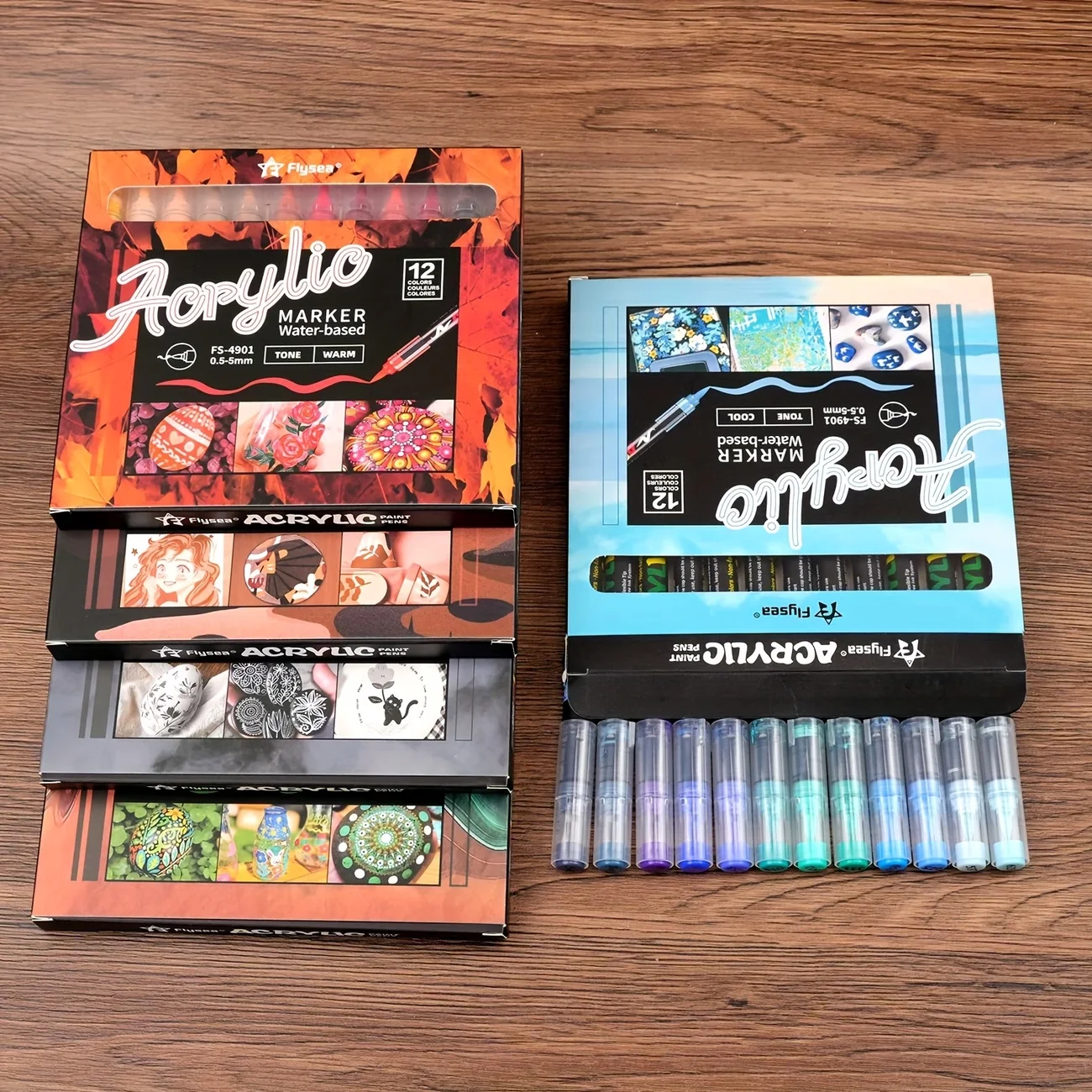 Flysea 12 Colors Water-Based Acrylic Paint Pens for Rock Painting, Quick-Dry Multi-Surface Markers for Stone, Wood, Canvas, Glas
