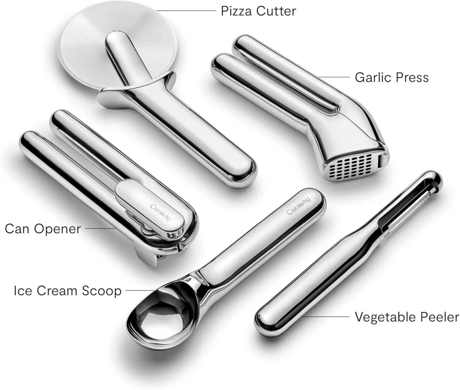 Kitchen Gadget Set - 5 Piece Kitchen Essentials Stainless Steel Includes Can Opener, Pizza Cutter, Garlic Press, Ice Cream