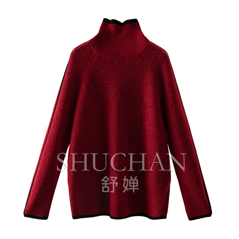 

Yarn 100 Wool Contrast Color Turtleneck Loose Long Sleeve Sweater Women Blusa De Frio Feminina Sweater Mujer