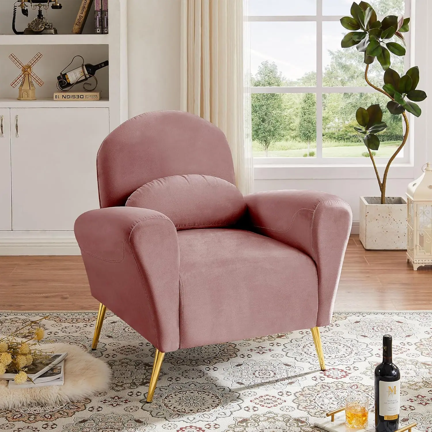 Velvet Upholstered Accent Chair, Single Modern Armchair with 4 Golden Metal Legs and Removable Waist Cushion