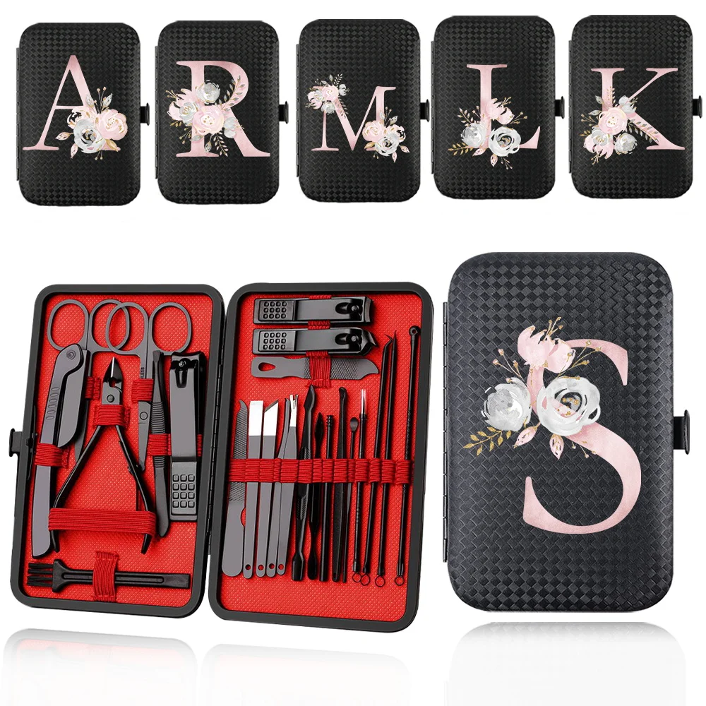 

24Pcs Manicure Set Stainless Steel Nail Clipper Kit Portable Pedicure Care Tool Case Pocket Organizer Pink Flower Letter Pattern