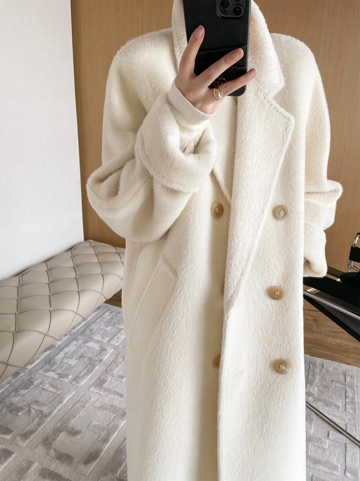 Cappotto di alta qualità 100% Alpaca donna Camel giacca di lana di media lunghezza femminile inverno spesso bianco Lace-Up caldo doppio petto