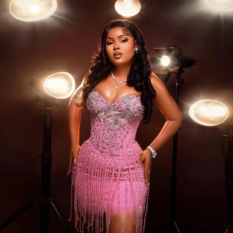 Customized Prom Dress Luxury Mini Rhinestone Fringe Sexy Pink Homecoming Gown Special Occasion Cocktail Party Dress image 3