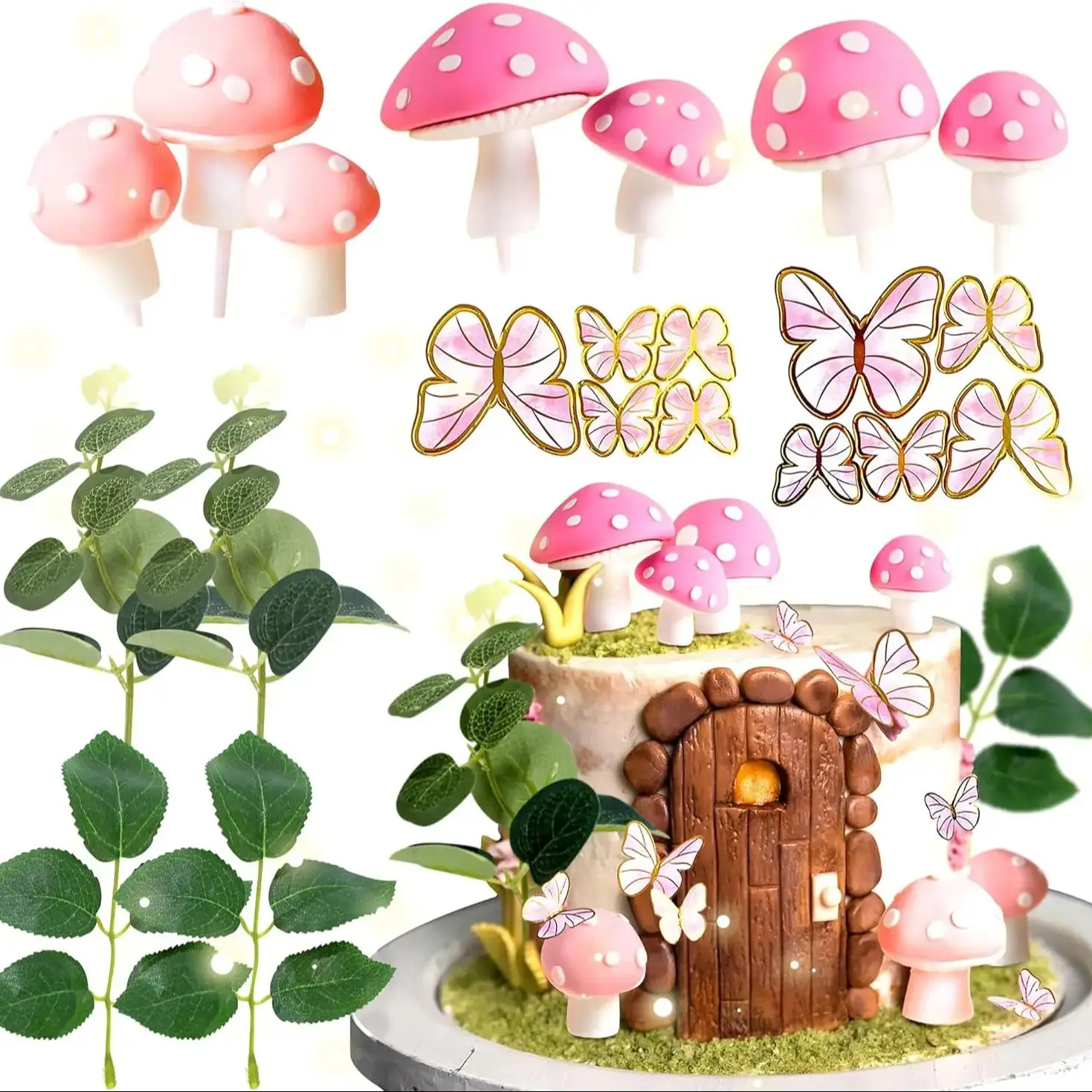 Rosa Pilzhaus-Kuchendekoration – Pilz- und Feenpartyzubehör für die Hochzeits- und Geburtstagsfeier – Detail 1