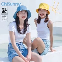 US Stock OhSunny Bucket Hats for Women Fashion Anti-UV Solid Color Breathable Washable Beach Panama Caps Sunscreen Fisherman Hat