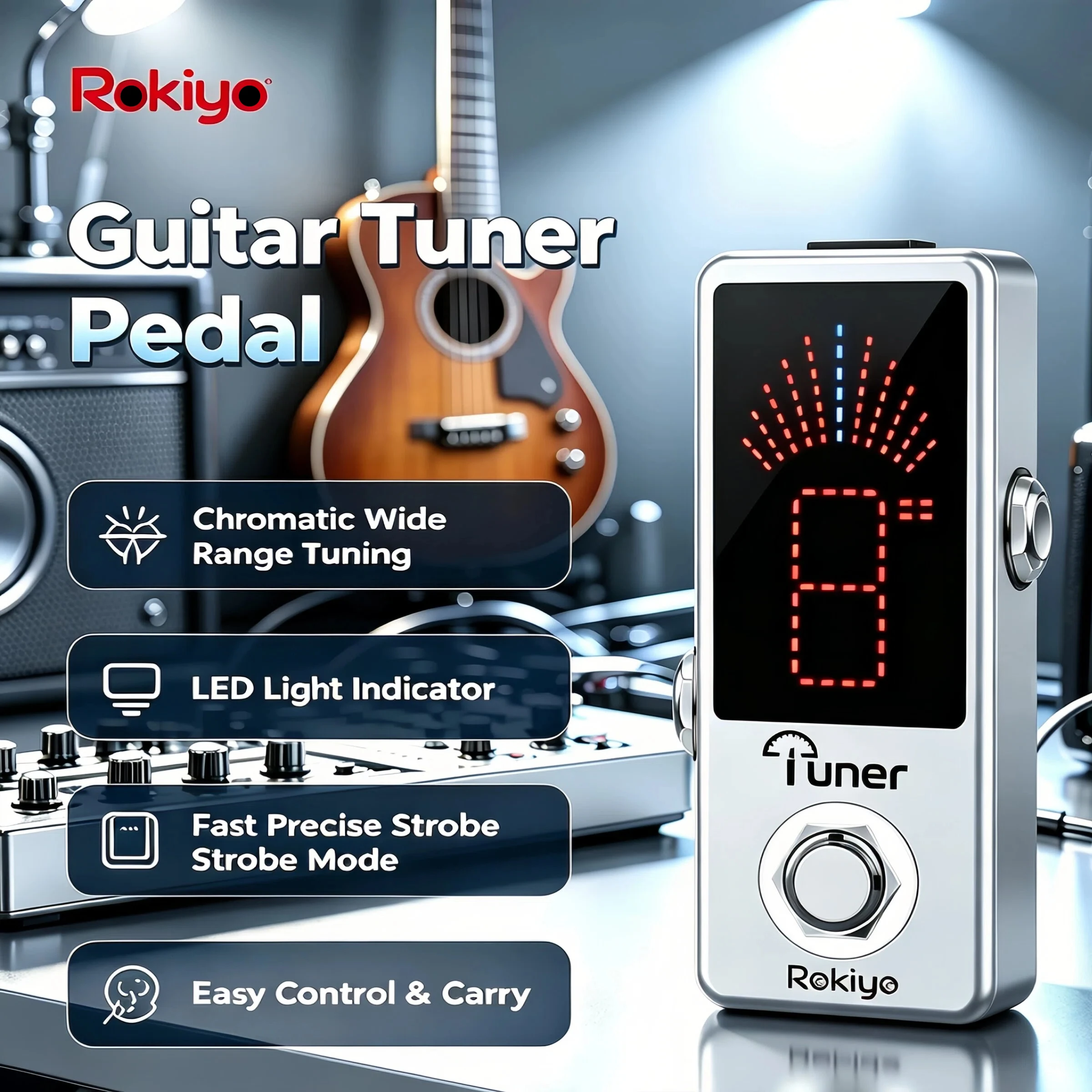 Rokiyo Chromatic Guitar Tuner Pedal High‑Precision Strobe Tuning Mode Compact Stompbox Effect Pedal for Electric Guitar Bass