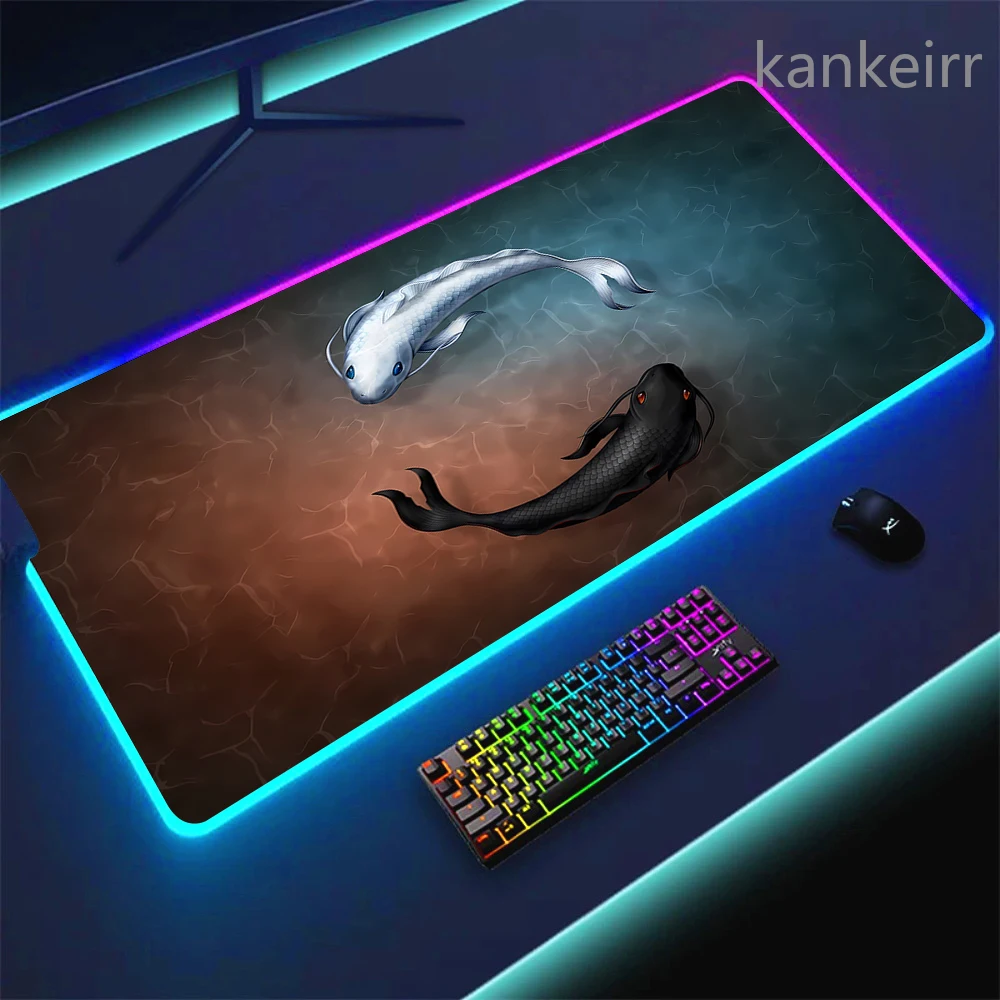 RGB Mouse Pad Yin and Yang Fish Blue Mousepad Non-Slip Rubber Edge Locking Game Play Mats Notebook Computer Home Decor Fashion