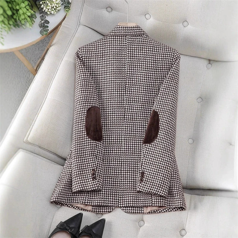 Houndstooth Blazers for Women 2026 New Fashion Office Ladies Notched Single Breasted Jacket Long Sleeve Slim Ladies Suit Coats