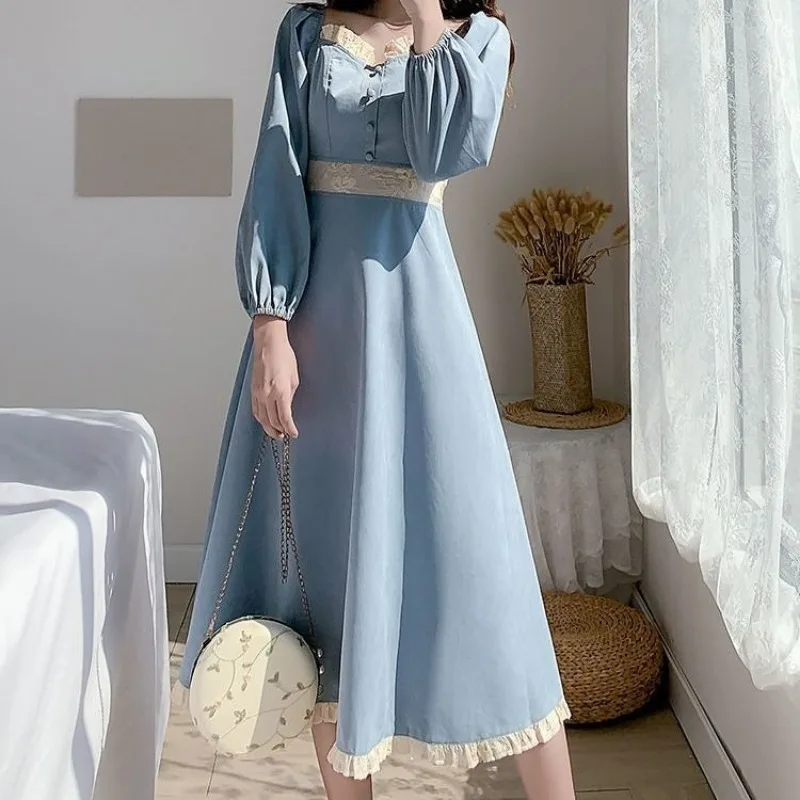 

French Retro Dresses Women Autumn and Winter New High Waist Square Collar Lace Puff Sleeve Slimming Elegant Vestidos Para Mujer