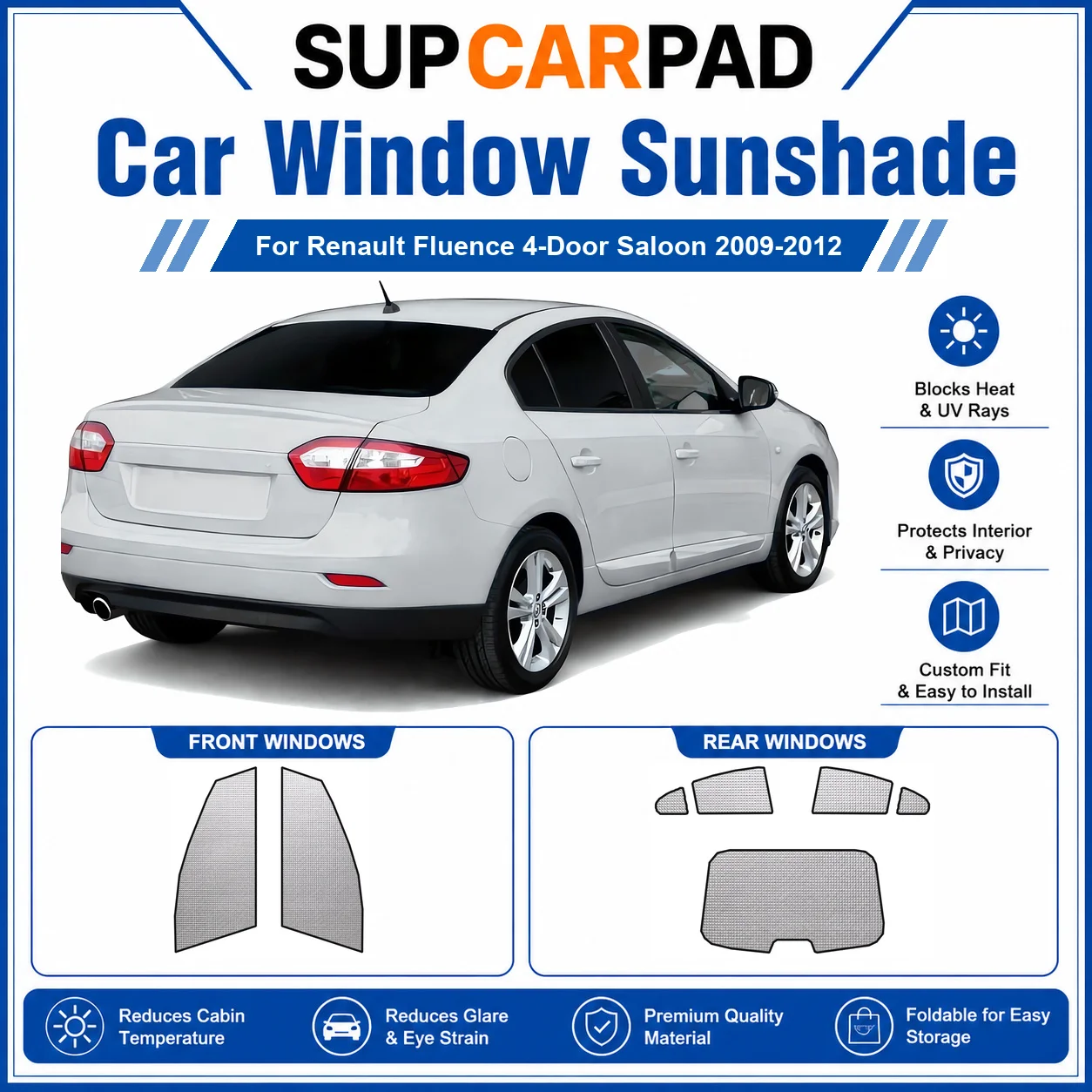 For Renault - Renault Fluence 4-Door Saloon 2009-2012 Full Set Car Window Sunshades UV Block Privacy Heat Insulated Foldable Car