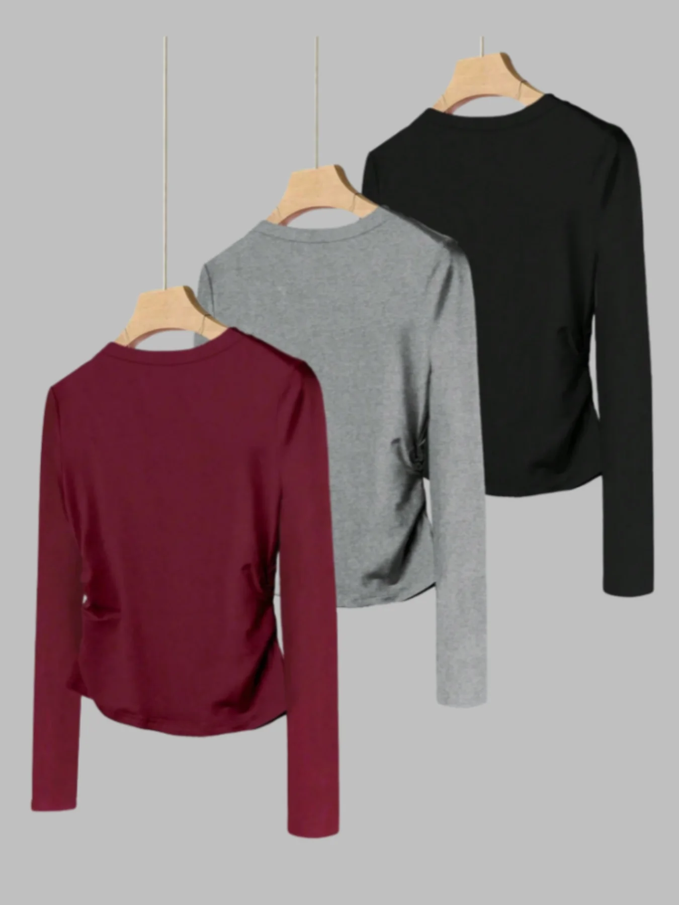 3 Pack Women Crew Neck Bow Embroidery Long Sleeve Top Side Ruched Slim Fit Crop Tee Y2K Casual Sexy Basic Fitted Shirt